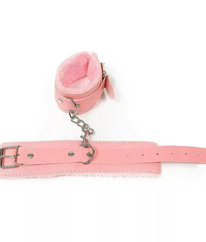 Algema Bracelete em Couro Macio com Pelúcia Aveludada Rosa e Corrente Cromada 5,5cm x 9cm - My Secret