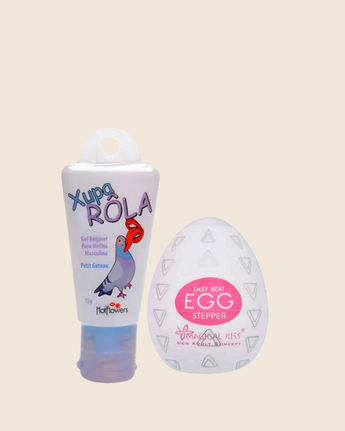 Kit Surpresa para Ele da My Secret com masturbador masculino Egg Stepper e gel beijável Xupa Rola Hot Flowers.