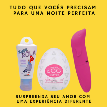 Kit Noite Perfeita para casais com vibrador golfinho rosa, masturbador masculino Egg e gel beijável Hot Flowers.