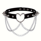 Coleira choker BDSM preta em couro sintético com correntes e spikes metálicos