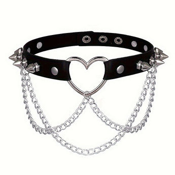 Coleira choker BDSM preta em couro sintético com correntes e spikes metálicos