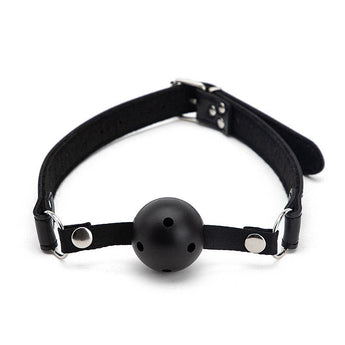 Mordaça BDSM preta em PU com bola e fivela ajustável