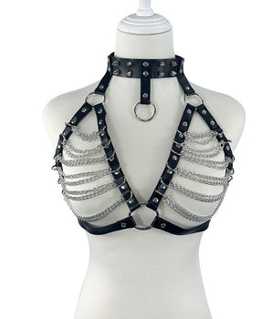 Harness com Contorno de Busto em Couro com Correntes