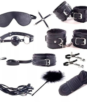 Kit Bondage - Kit Com Algema Tornozeleira Coleira Venda Guia Chicote Mordaça Prendedor De Mamilo Corda E Palmatória Preto