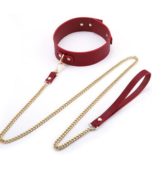 Coleira em Couro Legitimo com Fivela e Guia com Corrente