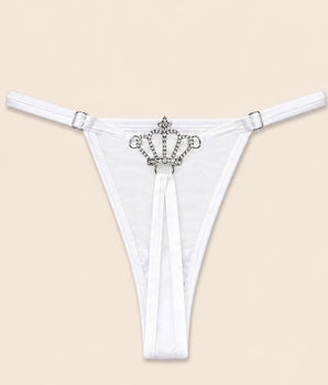 Calcinha Branca Fio Dental em Tule com Detalhe de Coroa em Strass