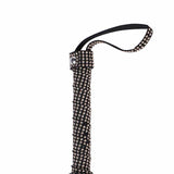 Chicote flogger BDSM preto em PU com pedras prateadas no cabo e 50 cm