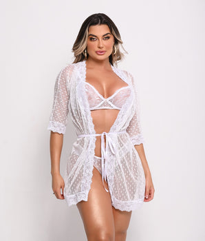 Conjunto de lingerie branco em renda e tule poá com robe