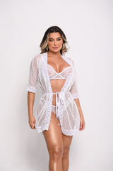 Conjunto de lingerie branco em renda e tule poá com robe