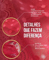 Conjunto de lingerie vermelho em renda e tule poá com robe