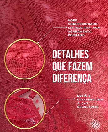 Conjunto de lingerie vermelho em renda e tule poá com robe