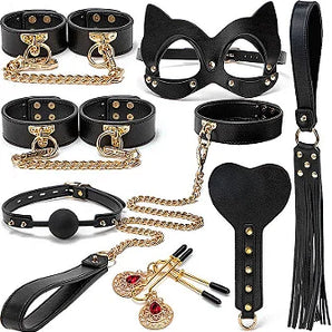 Maleta Kit Sado de Luxo Preto - Algema, Tornozeleira com Corrente,Venda e Chicote