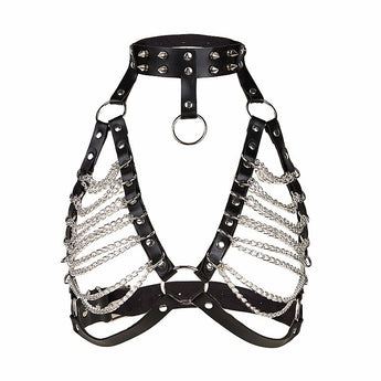 Harness feminino preto com contorno de busto, correntes e fivelas metálicas