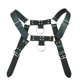 Harness masculino preto ajustável com argolas metálicas para fetiche BDSM