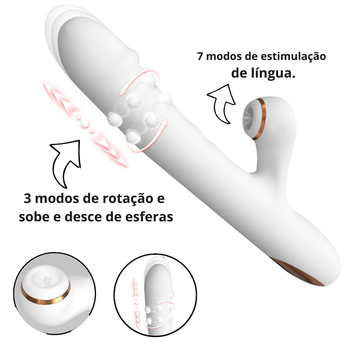Vibrador Rabbit com movimento vai e vem, esferas rotativas e estimulação clitoriana